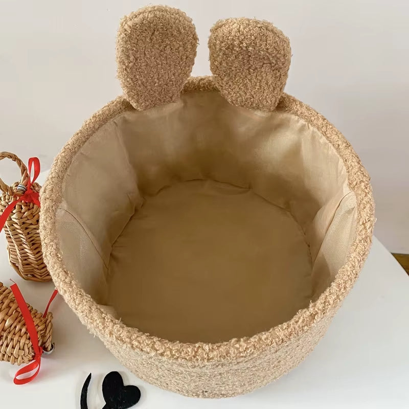 Coffee Fabric Cartoon Bunny Plush Storage Basket Embroidery Design for Snacks Toys and Cosmetics with Bedroom Desktop Gift
