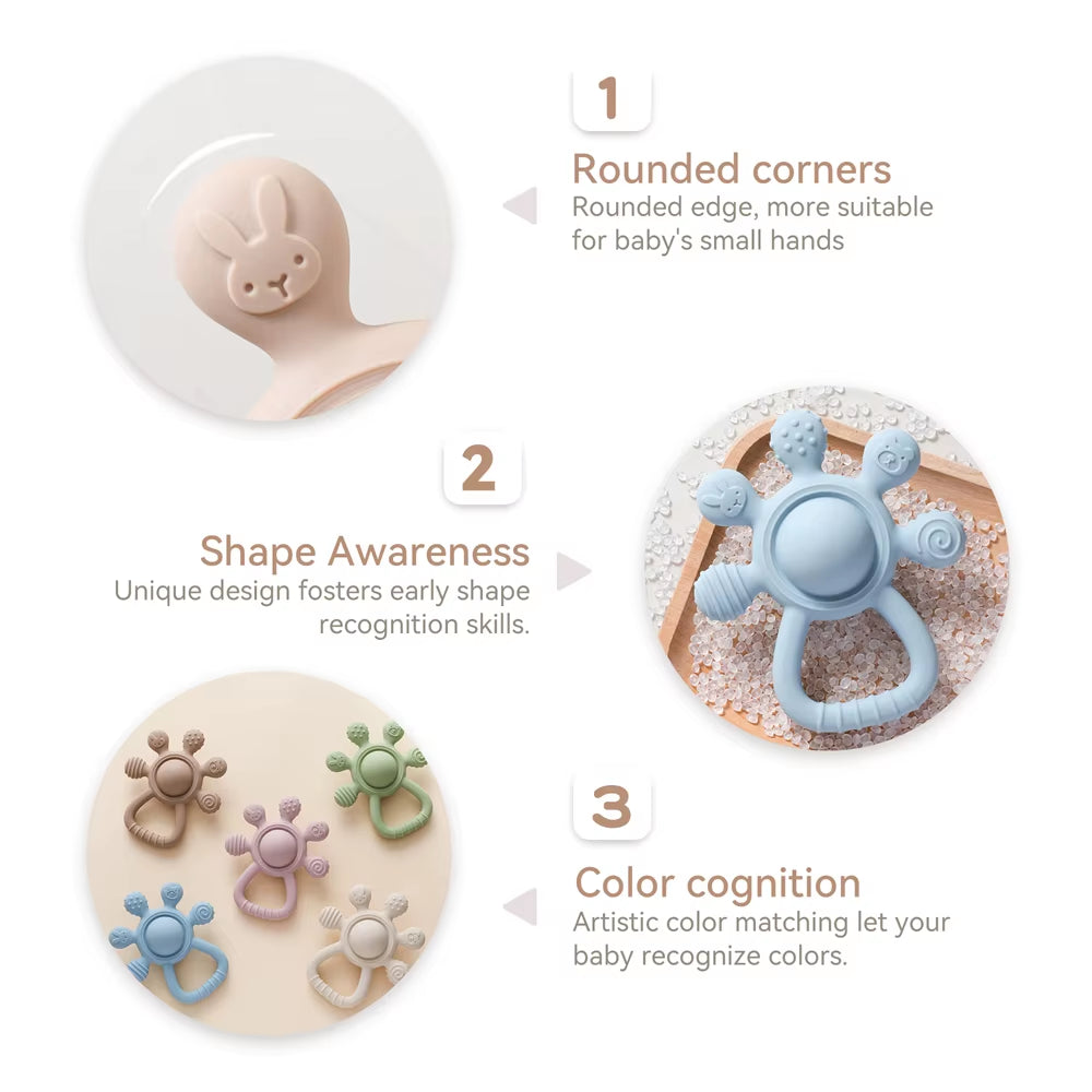 BPA Free Silicone Teether Food Grade Baby 0-12 Toys Teething Rattle Sensory Toys for Toddlers Silicone Hand Bell Soothing Toys