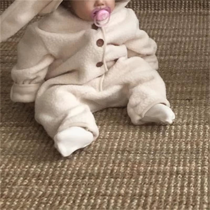 Autumn Winter Girl Baby Fleece Cute Rabbit Ears Cardigan Romper Boy Infant Solid plus Velvet Warm One-Piece Kid Casual Jumpsuit