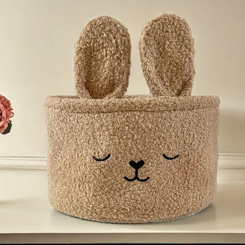 Coffee Fabric Cartoon Bunny Plush Storage Basket Embroidery Design for Snacks Toys and Cosmetics with Bedroom Desktop Gift