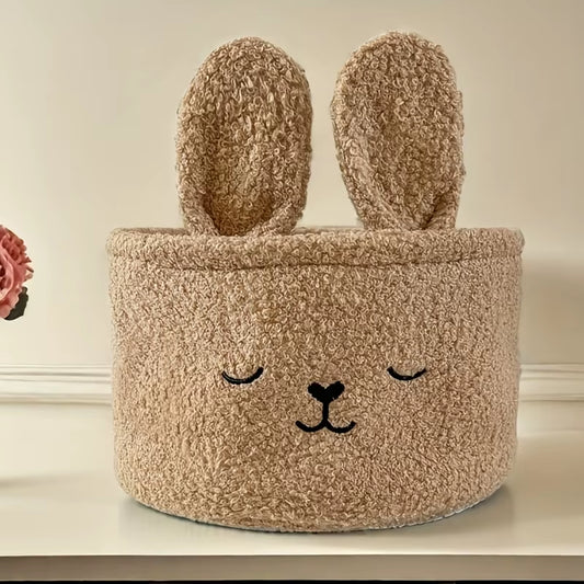 Coffee Fabric Cartoon Bunny Plush Storage Basket Embroidery Design for Snacks Toys and Cosmetics with Bedroom Desktop Gift