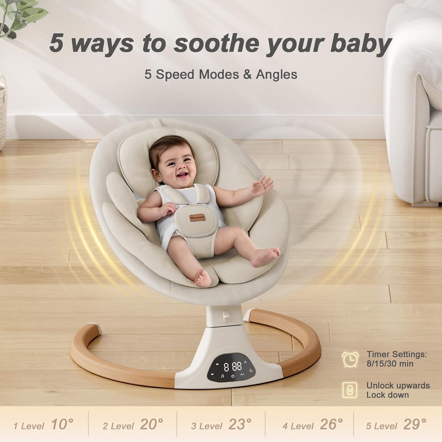 Baby Swings for Infants,  Baby Swing, Bluetooth Infant Swing with Music Speaker, 5 Speeds and Remote Control, Indoor & Outdoor Use (Beige)