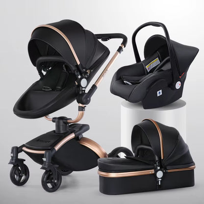Baby Stroller 3 in 1 Pu Leather Baby Carriage with Car Seat Travel Foldable Newborn Strollers for Baby and Toddler Pram Luxury
