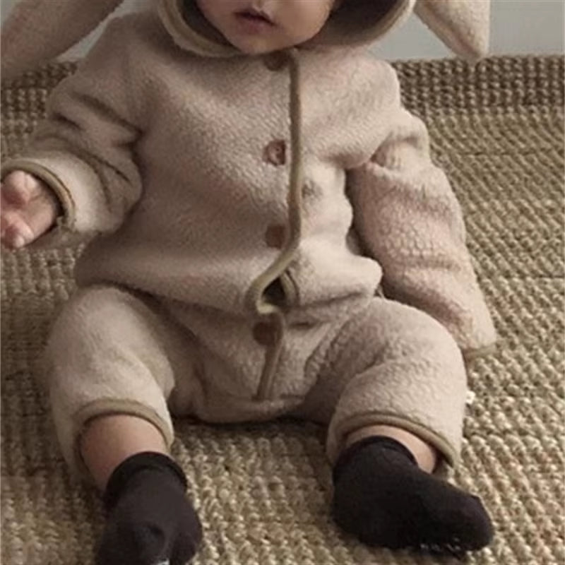 Autumn Winter Girl Baby Fleece Cute Rabbit Ears Cardigan Romper Boy Infant Solid plus Velvet Warm One-Piece Kid Casual Jumpsuit