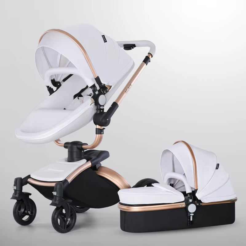 Baby Stroller 3 in 1 Pu Leather Baby Carriage with Car Seat Travel Foldable Newborn Strollers for Baby and Toddler Pram Luxury