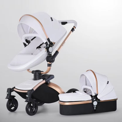 Baby Stroller 3 in 1 Pu Leather Baby Carriage with Car Seat Travel Foldable Newborn Strollers for Baby and Toddler Pram Luxury