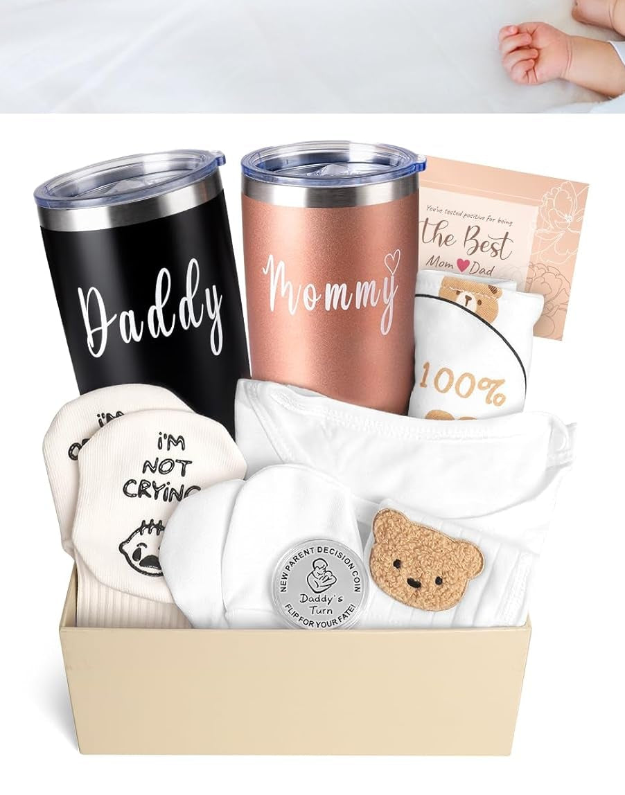 New Mom Gifts for Women, 9 Pcs Best Pregnancy Gifts Basket for New Parents, Gender Reveal Ideas Gift Set for First Time Mom Dad Expecting Parents to Be Gender Reveal Baby Shower Newborn