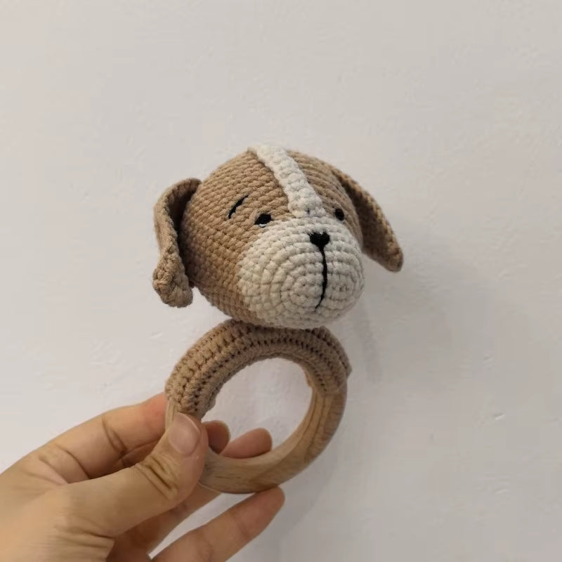 Baby Music Rattle Toy Newborn Dog Crochet Rattle Cute Animal Crochet Rattle Soother Wooden Bracelet Teether Kids Wooden Toys