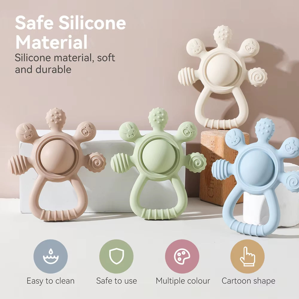 BPA Free Silicone Teether Food Grade Baby 0-12 Toys Teething Rattle Sensory Toys for Toddlers Silicone Hand Bell Soothing Toys