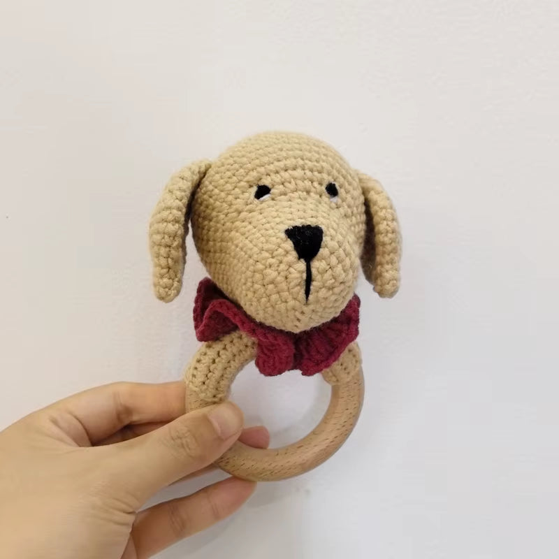 Baby Music Rattle Toy Newborn Dog Crochet Rattle Cute Animal Crochet Rattle Soother Wooden Bracelet Teether Kids Wooden Toys