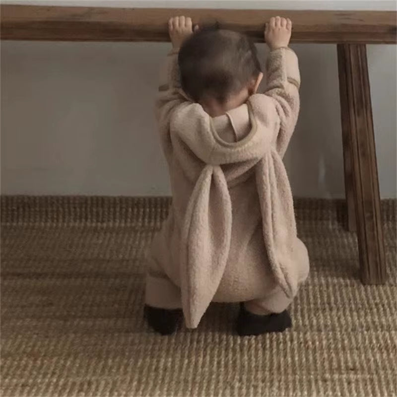 Autumn Winter Girl Baby Fleece Cute Rabbit Ears Cardigan Romper Boy Infant Solid plus Velvet Warm One-Piece Kid Casual Jumpsuit