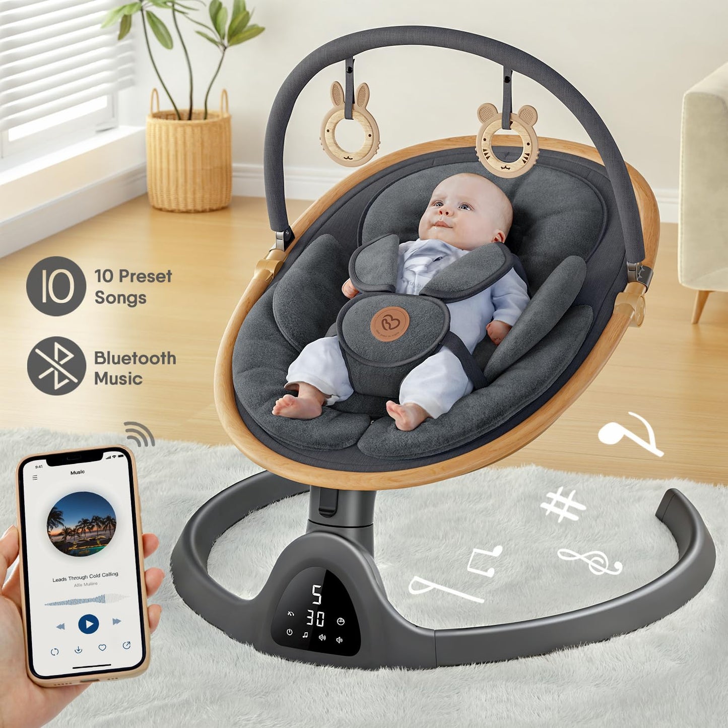 Baby Swings for Infants,  Bluetooth Infant Swing with Music Speaker with 3 Seat Positions, 5 Speeds and Remote Control - Portable Baby Swing for Indoor and Outdoor (Black)