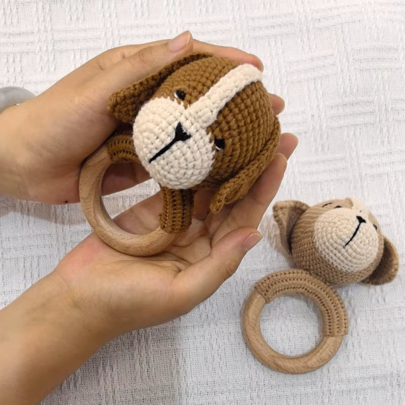 Baby Music Rattle Toy Newborn Dog Crochet Rattle Cute Animal Crochet Rattle Soother Wooden Bracelet Teether Kids Wooden Toys