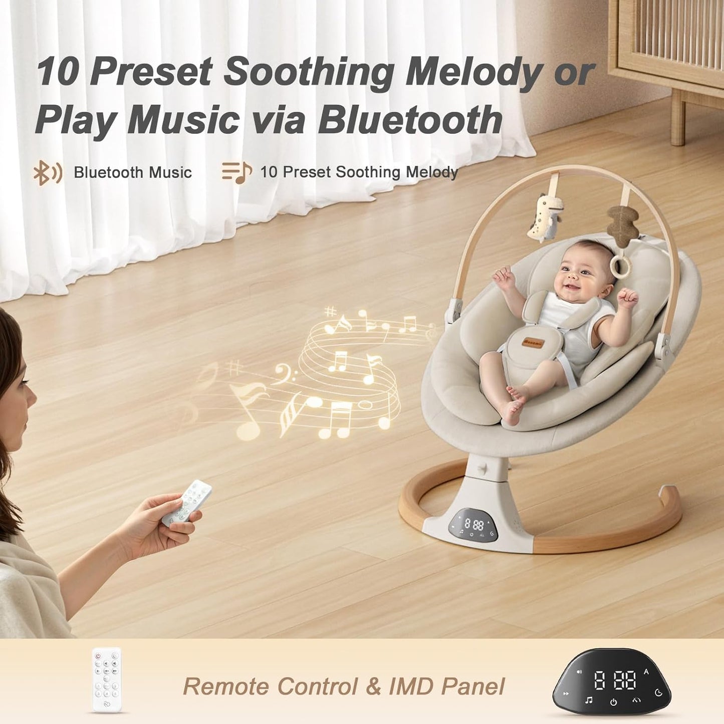 Baby Swings for Infants,  Baby Swing, Bluetooth Infant Swing with Music Speaker, 5 Speeds and Remote Control, Indoor & Outdoor Use (Beige)