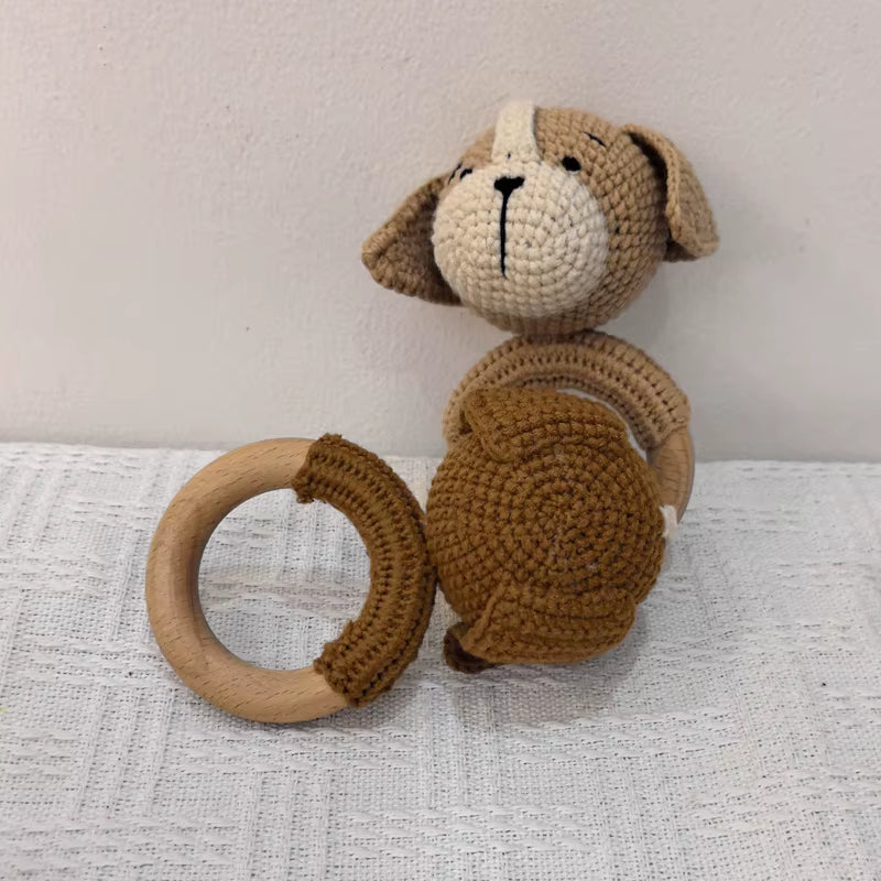 Baby Music Rattle Toy Newborn Dog Crochet Rattle Cute Animal Crochet Rattle Soother Wooden Bracelet Teether Kids Wooden Toys