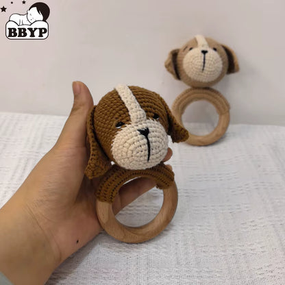 Baby Music Rattle Toy Newborn Dog Crochet Rattle Cute Animal Crochet Rattle Soother Wooden Bracelet Teether Kids Wooden Toys