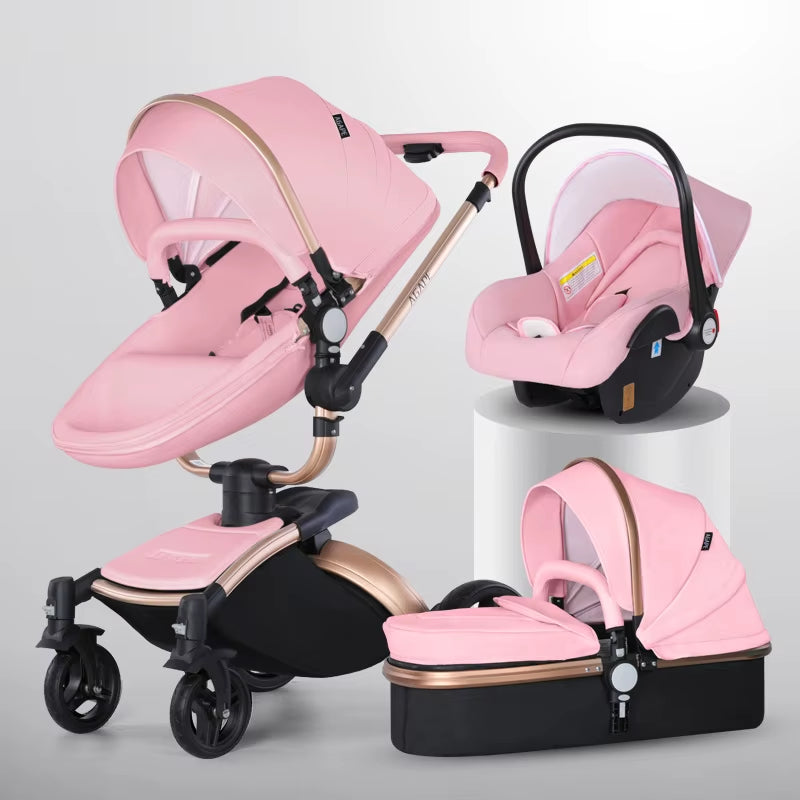 Baby Stroller 3 in 1 Pu Leather Baby Carriage with Car Seat Travel Foldable Newborn Strollers for Baby and Toddler Pram Luxury