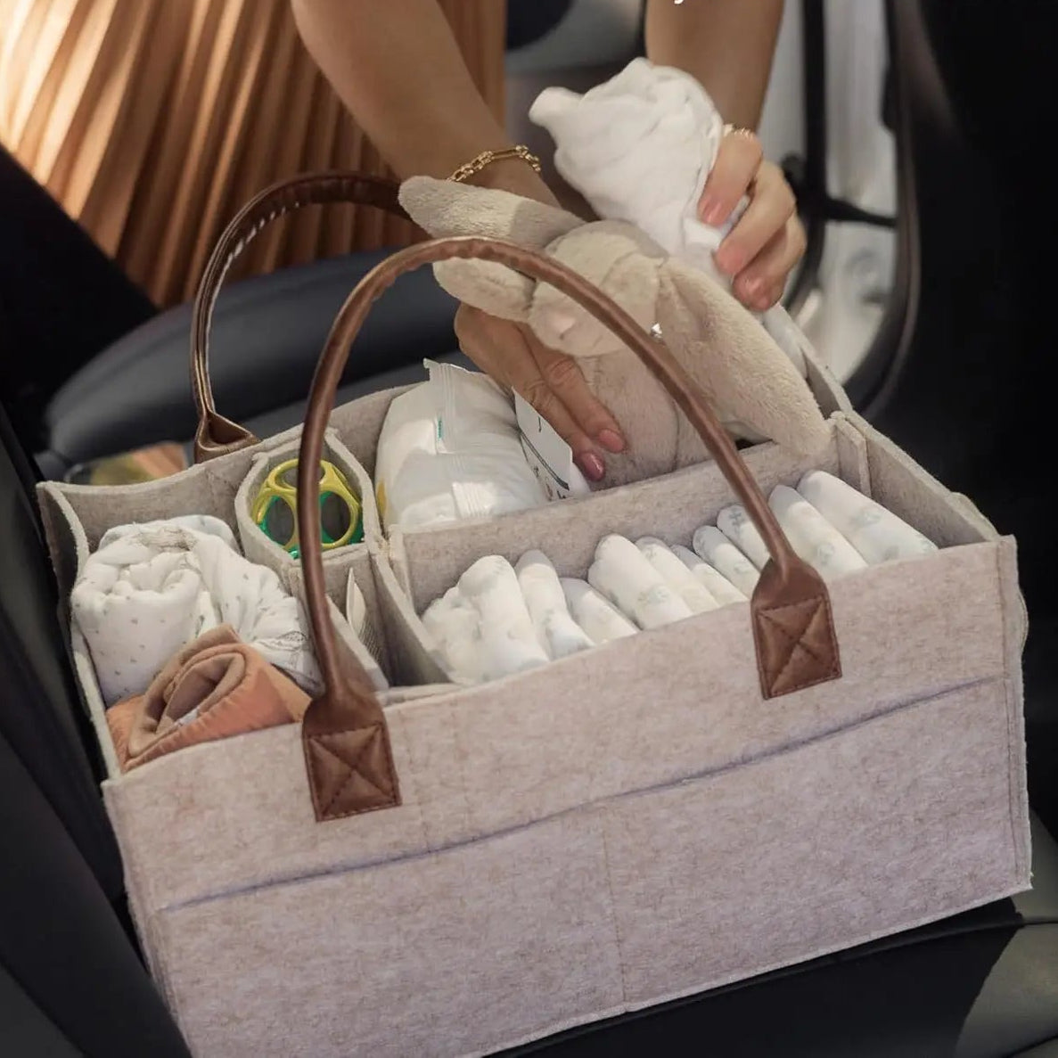 Baby Felt Storage Nursery Organizer Basket Infant Diaper Bag with Handle Caddy Changing Nappy Kids Storage Carrier Large Pocket