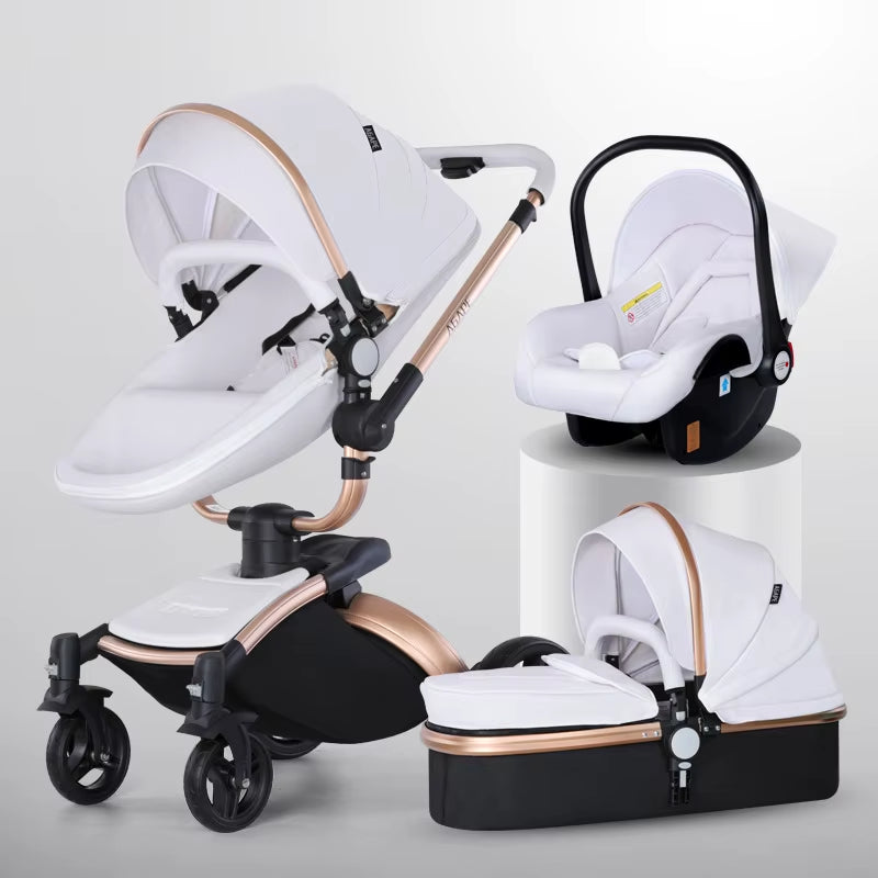 Baby Stroller 3 in 1 Pu Leather Baby Carriage with Car Seat Travel Foldable Newborn Strollers for Baby and Toddler Pram Luxury