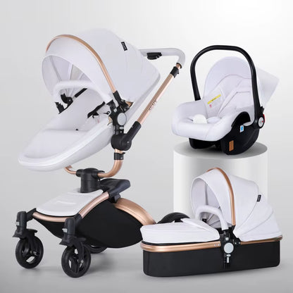 Baby Stroller 3 in 1 Pu Leather Baby Carriage with Car Seat Travel Foldable Newborn Strollers for Baby and Toddler Pram Luxury