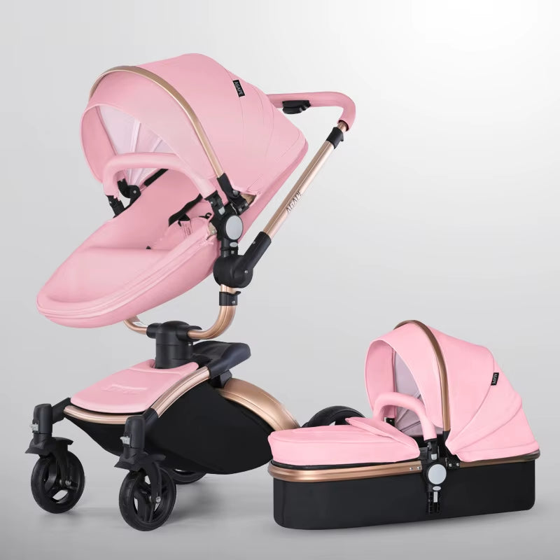 Baby Stroller 3 in 1 Pu Leather Baby Carriage with Car Seat Travel Foldable Newborn Strollers for Baby and Toddler Pram Luxury
