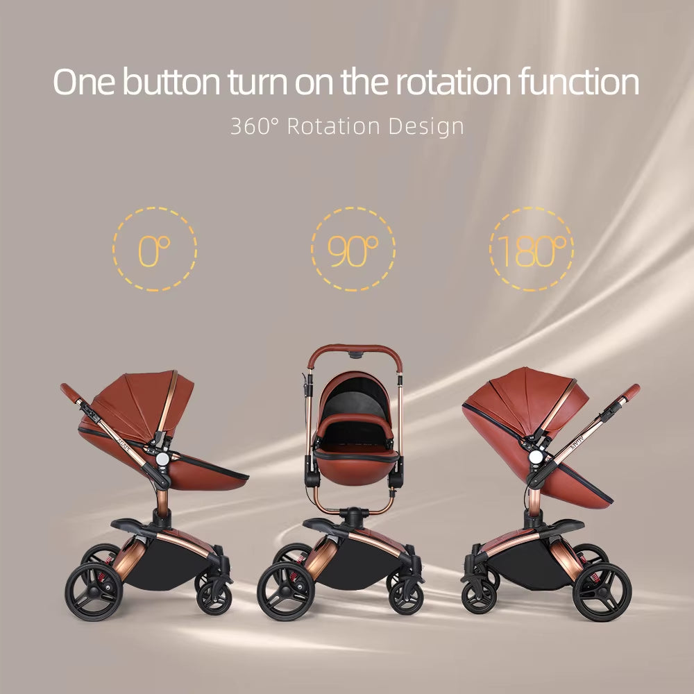 Baby Stroller 3 in 1 Pu Leather Baby Carriage with Car Seat Travel Foldable Newborn Strollers for Baby and Toddler Pram Luxury