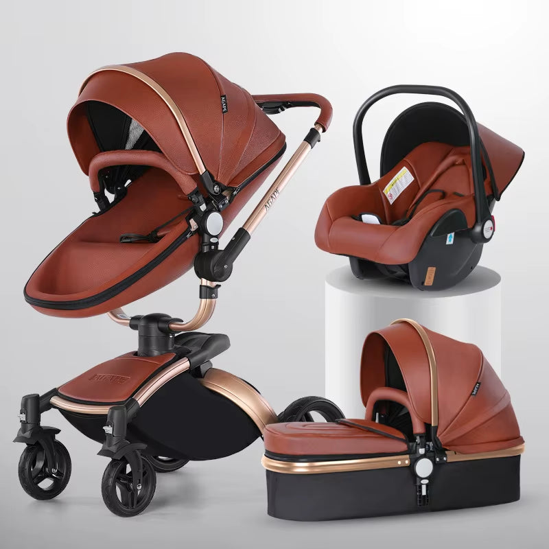Baby Stroller 3 in 1 Pu Leather Baby Carriage with Car Seat Travel Foldable Newborn Strollers for Baby and Toddler Pram Luxury