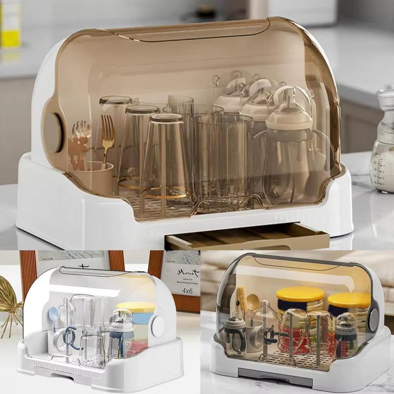 Baby Bottle Drying Rack with Removable Drip Tray Dustproof Bottle Storage Dust-Proof Portable Baby Bottle Storage Box with Lid