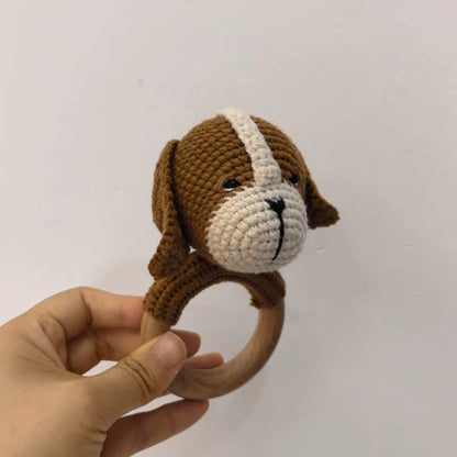 Baby Music Rattle Toy Newborn Dog Crochet Rattle Cute Animal Crochet Rattle Soother Wooden Bracelet Teether Kids Wooden Toys