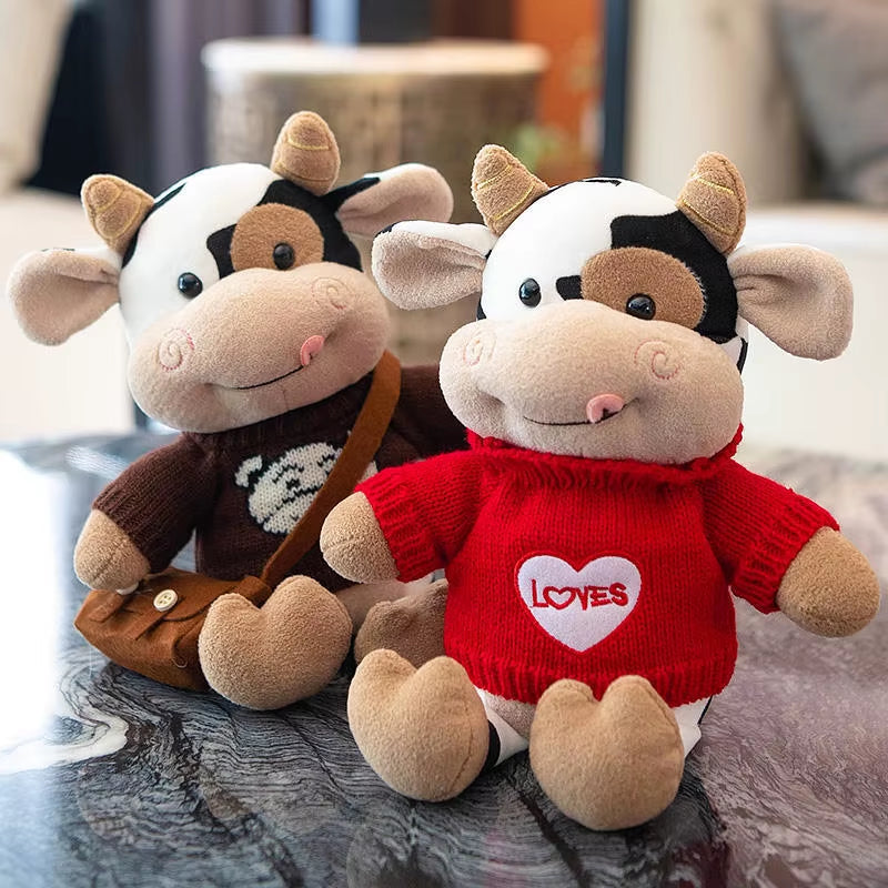 26CM Simulation Cattle Animals Plush Toys Cartoon Milk Cow Plush Doll Soft Stuffed Sweater Cow Pillow Home Decoration Toy