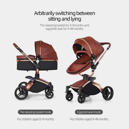 Baby Stroller 3 in 1 Pu Leather Baby Carriage with Car Seat Travel Foldable Newborn Strollers for Baby and Toddler Pram Luxury