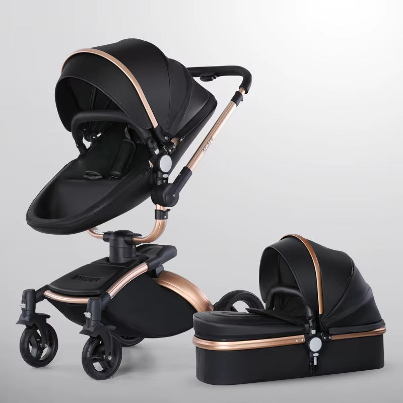 Baby Stroller 3 in 1 Pu Leather Baby Carriage with Car Seat Travel Foldable Newborn Strollers for Baby and Toddler Pram Luxury