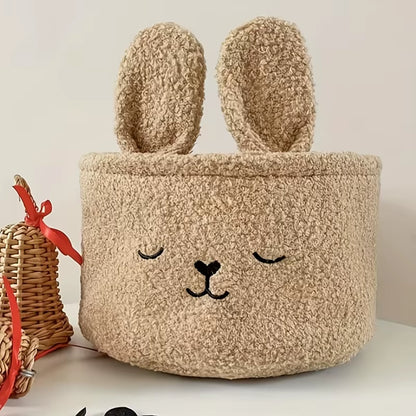 Coffee Fabric Cartoon Bunny Plush Storage Basket Embroidery Design for Snacks Toys and Cosmetics with Bedroom Desktop Gift