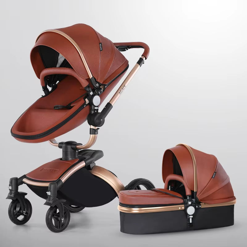 Baby Stroller 3 in 1 Pu Leather Baby Carriage with Car Seat Travel Foldable Newborn Strollers for Baby and Toddler Pram Luxury
