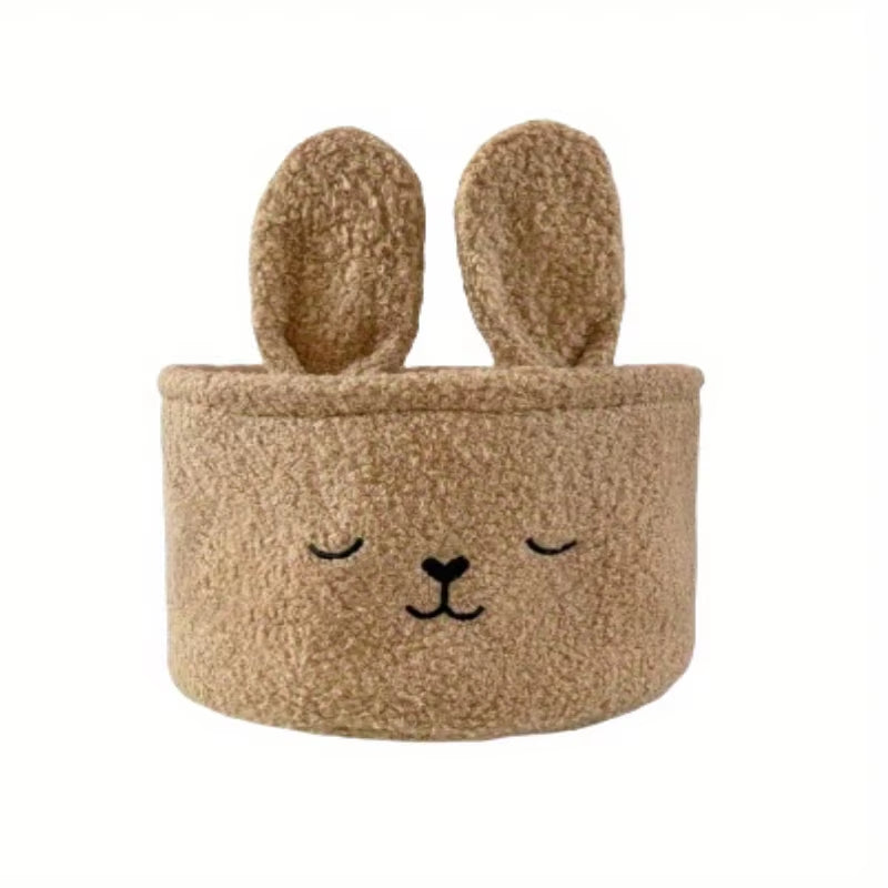 Coffee Fabric Cartoon Bunny Plush Storage Basket Embroidery Design for Snacks Toys and Cosmetics with Bedroom Desktop Gift